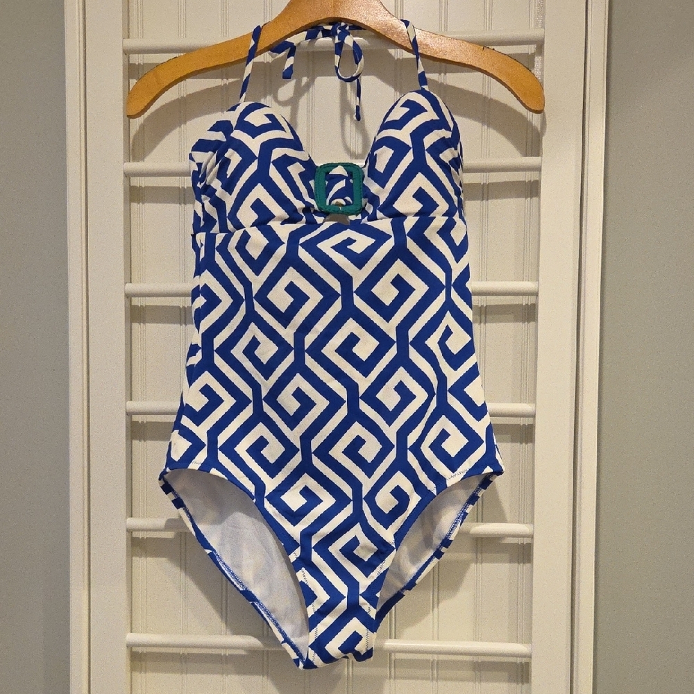 Boden Blue and White Geometric One Piece Swimsuit Size 8